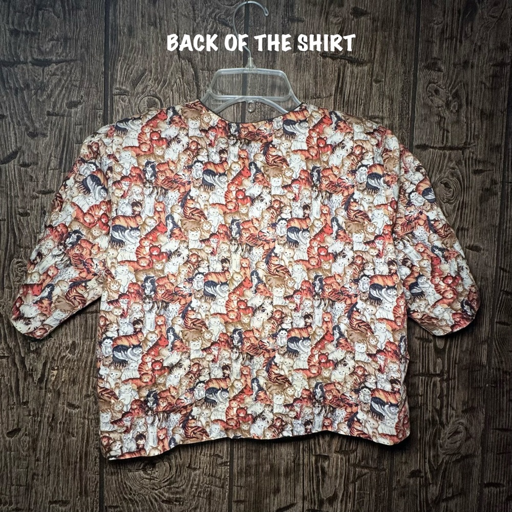 Vintage Handmade Cat Print Blouse Shoulder Pads Novelty Kitty Shirt Medium - Picture 5 of 10